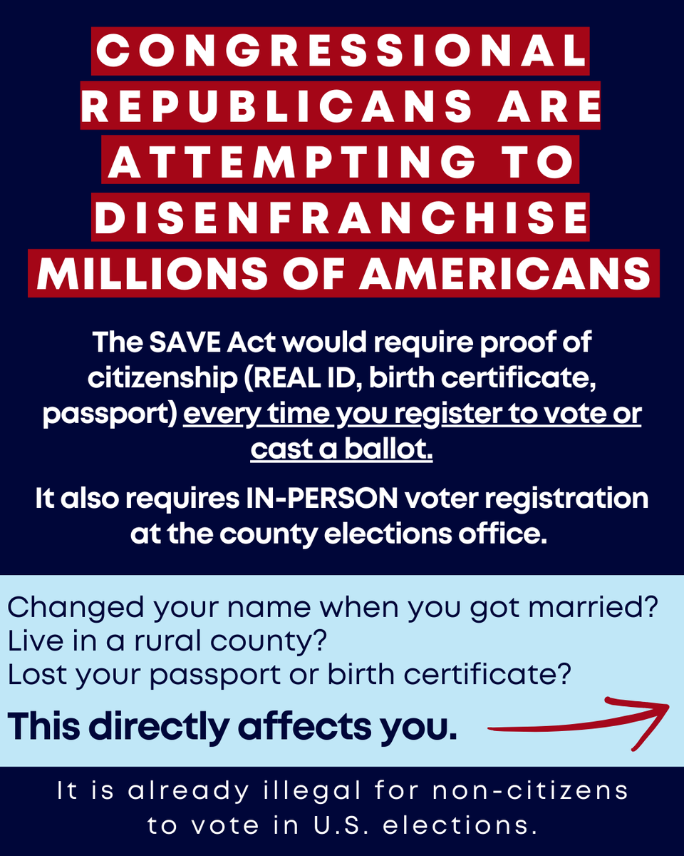 MTDems's tweet photo. This bill from Congressional Republicans is a threat to the voting rights of thousands of Montanans. It disproportionately affects married women, as well as low-income and rural Montanans. Voting should be easy, not something that requires $200 and a three-hour drive. #mtpol https://t.co/jVzBtVXxDQ