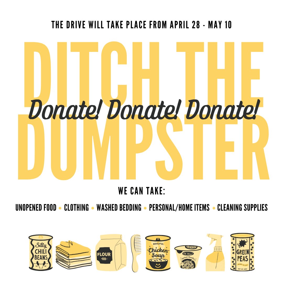 End of Semester Donation Drive!

Donate items you no longer need! No damaged clothes, shoes, furniture, or perishable/opened food (sealed individual packs only).

Show your support this season! More info in our bio.