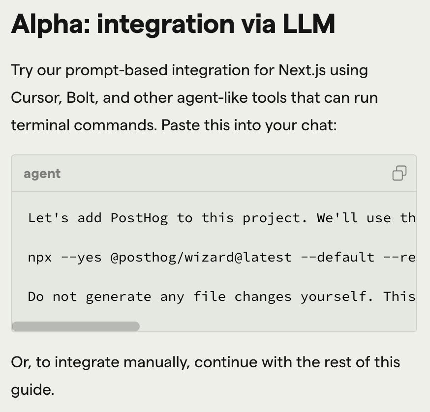Brilliant! 

<a href="/posthog/">PostHog</a> gives you a prompt to put in Cursor to install their tracker