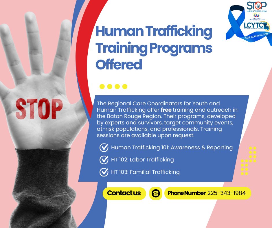 BatonRougeCAC's tweet image. The Regional Care Coordinators for Youth &amp;amp; Human Trafficking offers free training on human trafficking within the Baton Rouge Region. These programs, endorsed by experts &amp;amp; survivors, are available for community partners. 
#HumanTraffickingAwareness #CommunityTraining #BatonRouge