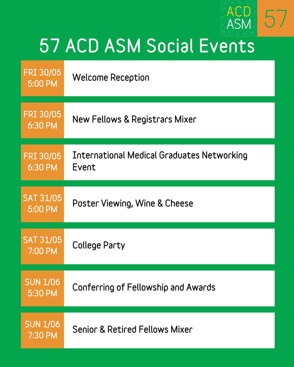 We are looking forward to seeing you at our social events offered throughout the ASM.

Register now to attend the College Party or enjoy some wine and cheese while catching up with colleagues and friends at our poster viewing session.

Visit: acdasm.com.au/social-events

#ACDASM2025