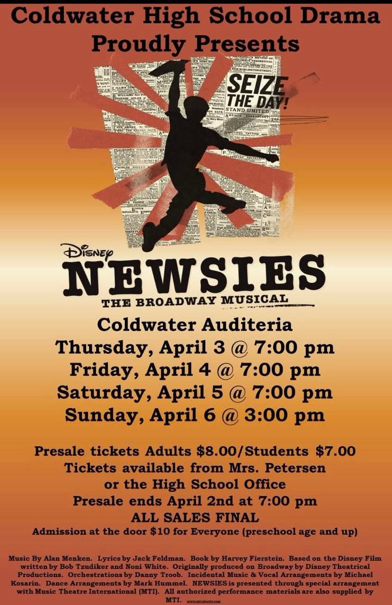 TheRealMrMader's tweet photo. Wow! Coldwater High School Drama absolutely nailed it tonight with their opening performance of Newsies! Sensational talent and energy from start to finish. If you missed it, make sure to catch one of the shows this weekend. You won’t want to miss this must-see performance! https://t.co/Y6paH3t5KG