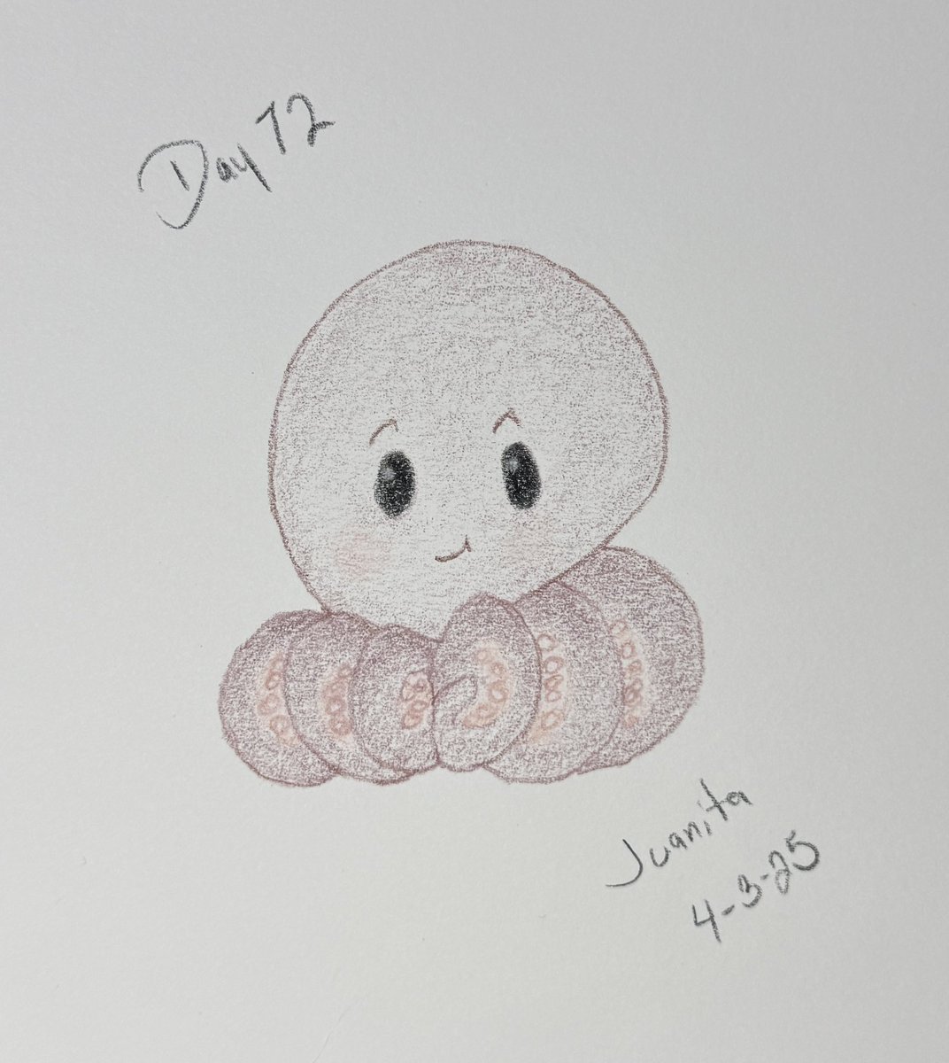 jlrstephens's tweet photo. Day 72 Today’s Prompt “Octopus”   
Look at my cute friend. Tentacles politely tucked in and ready to listen to a good story. 🥰
 @gennablackburn  
#draw #drawing #drawingoftheday #coloredpencil #drawingchallenge #prismacolor #75Art https://t.co/CRO11W0WyI