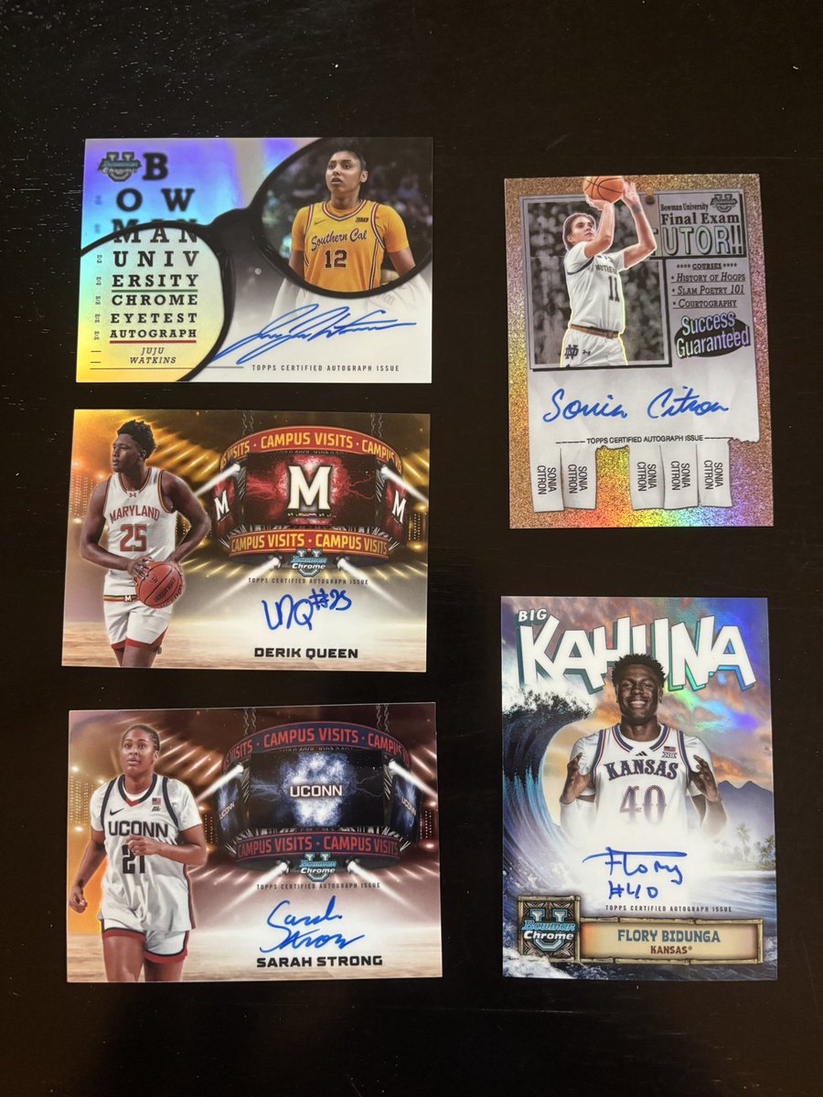 BridgerCardCo's tweet photo. @CardPurchaser Ripped a case of Bowman University basketball.  The case was loaded including 5 short print autos (1/322 hobby boxes) including a JuJu.  Too many autos and numbered cards to list but here are few. https://t.co/epGeyyfgQ0