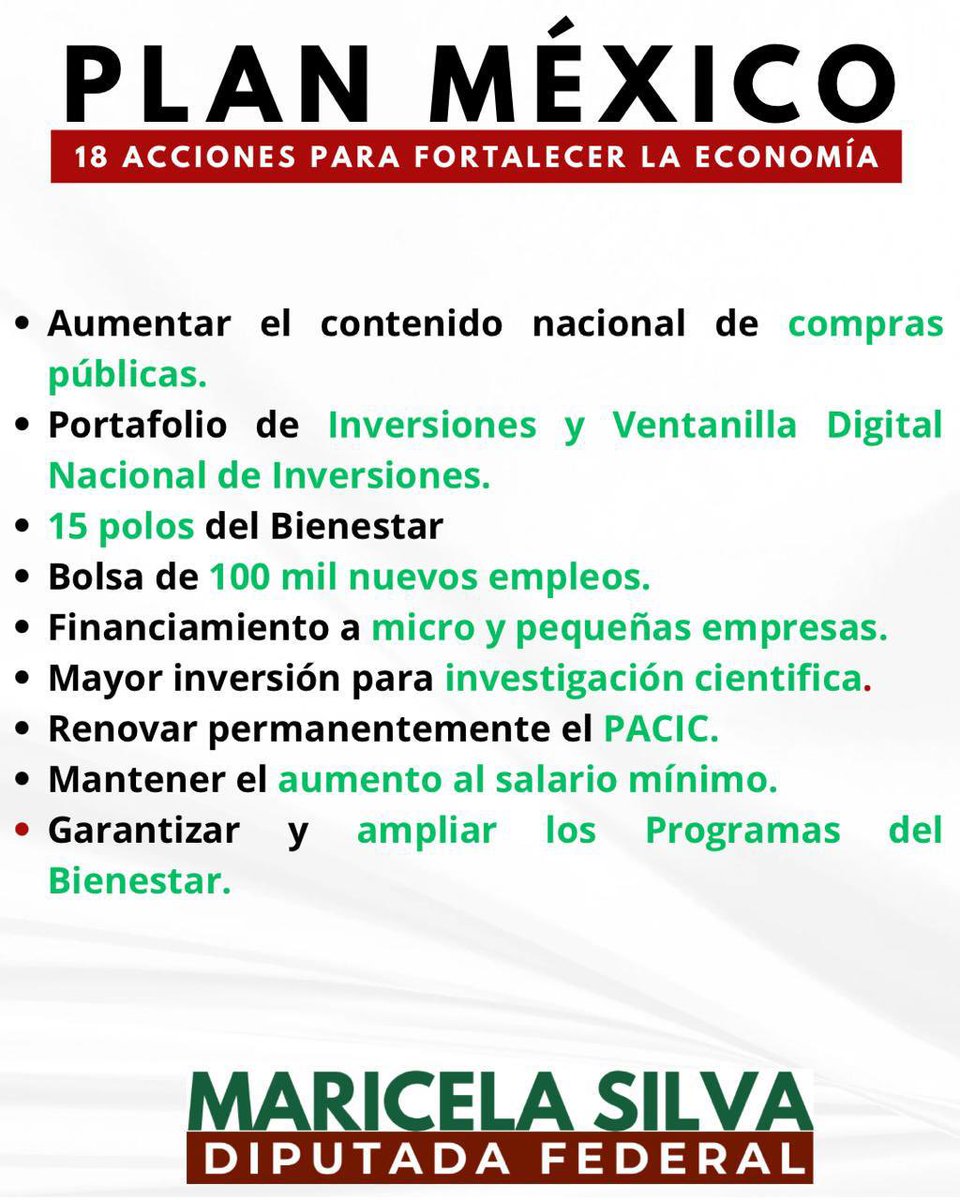 MaricelaSilvaAn's tweet photo. Con las 18 acciones que conforman el #PlanMéxico, que presentó hoy nuestra presidenta, la Dra. @claudiashein, fortaleceremos la economía, el bienestar y se defenderá al pueblo de #México ante las amenazas arancelarias de #DonaldTrump ¡Con la #4T salimos adelante! @DiputadosVerdes https://t.co/55meGmc4RE