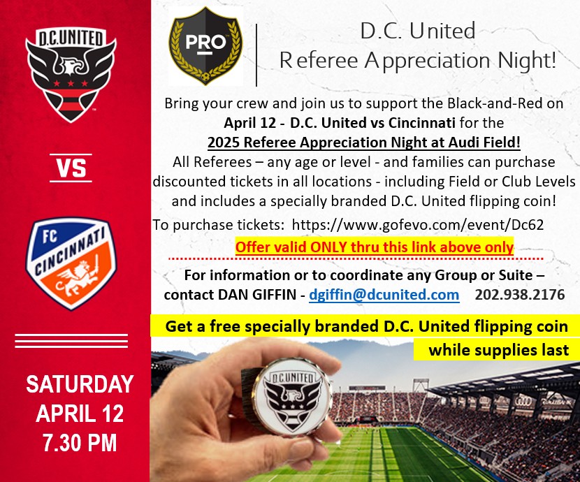 vadcrefs's tweet photo. @dcunited Referee Appreciation Night!
April 12 -  DC United vs Cincinnati at Audi Field!
All Referees – can purchase discounted tickets in all locations - including Field or Club Levels and includes a specially branded flipping coin! To purchase tickets: https://t.co/D01QfmKFL3 https://t.co/VyMuKoqxpX