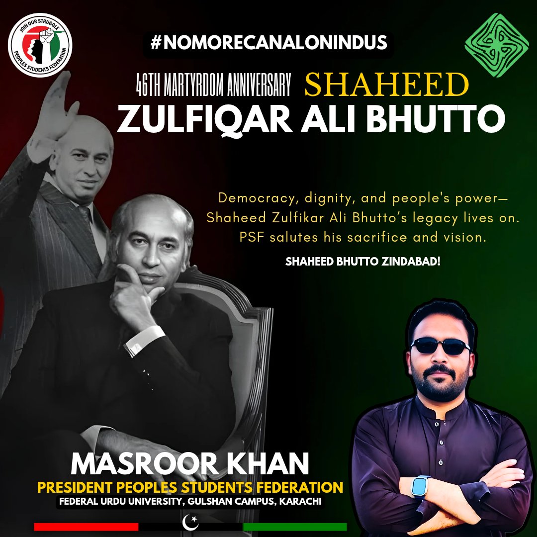 PSFMasroor's tweet photo. Democracy, dignity, and people's power-Shaheed Zulfikar Ali Bhutto’s legacy lives on. PSF salutes his sacrifice and vision. 

Shaheed Bhutto Zindabad!

@BBhuttoZardari
@AseefaBZ @MediaCellPPP @PPP_Org #ZulfiqarAliBhutto #4April https://t.co/EdLDkiYlDJ