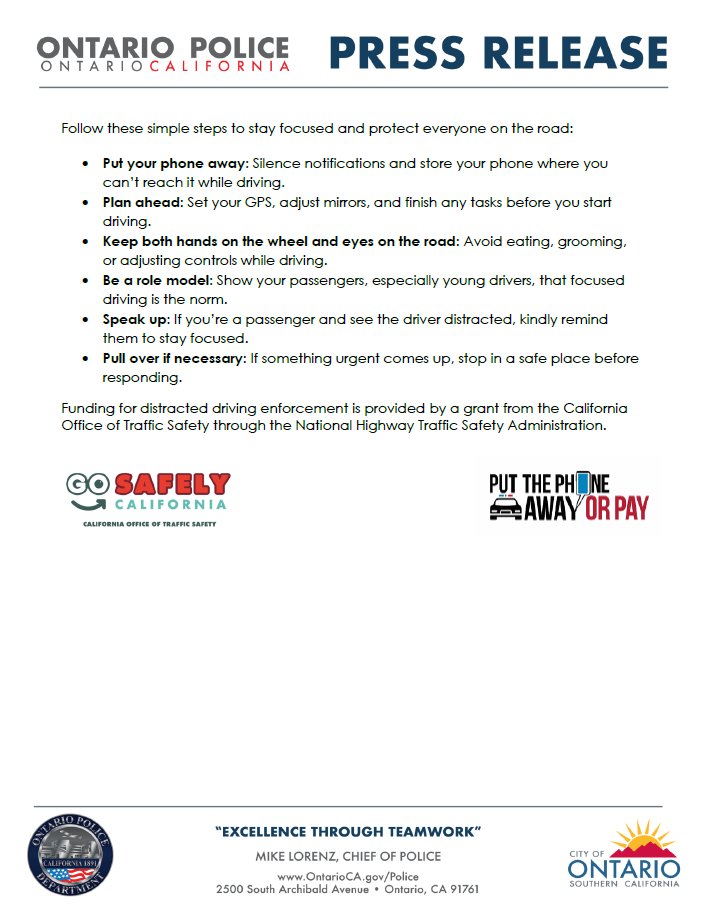 Ontario Police Department (@ontariopd) on Twitter photo Eyes Forward, Hands on the Wheel: Focused Driving Saves Lives. April is Distracted Driving Awareness Month. Please see the attached press release for further information. Grant funded by <a href="/OTS_CA/">CA Office of Traffic Safety</a> Eyes Forward, Hands on the Wheel: Focused Driving Saves Lives. April is Distracted Driving Awareness Month. Please see the attached press release for further information. Grant funded by <a href="/OTS_CA/">CA Office of Traffic Safety</a>