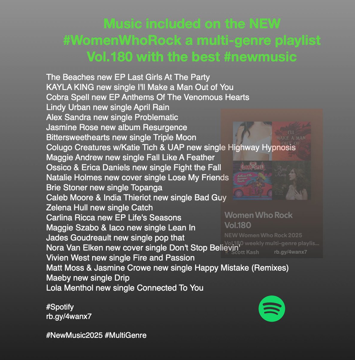 Music included on the NEW #WomenWhoRock a multi-genre playlist Vol.180 with the best #NewMusicFriday 

<a href="/AlexGarsya/">Alex Sandra</a>
<a href="/Jasmine_Rose_J/">Jasmine Rose</a>
<a href="/bsh__band/">Bittersweethearts</a>
<a href="/maggiedandrew/">Maggie Andrew ☆</a>
<a href="/_natalieholmes/">Natalie Holmes</a>
<a href="/briestonermusic/">Brie Stoner</a>
<a href="/ZelenaHull/">Zelena Hull - Singer, Songwriter, Musician 🇺🇦</a>
<a href="/allaboutmaggie/">allaboutmaggie</a>/@iacomusicx
<a href="/ItsMeJades/">Jades Goudreault</a>
<a href="/noravanelken/">Nora Van Elken</a>
<a href="/maebyland/">mae mae</a>
<a href="/LolaMenthol/">Lola Menthol 🎧 DJ ❣️France</a>