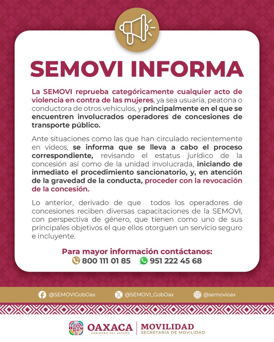 rioaxaca's tweet image. #Oaxaca #MafiaDelTransporte Informa la Secretaría de Movilidad que procederá a la revocación de concesión del taxi foráneo de Reyes Etla marcado con el número económico 02-743.

Mediante un escueto comunicado rechaza cualquier acto de violencia en contra de  las mujeres. Esto por