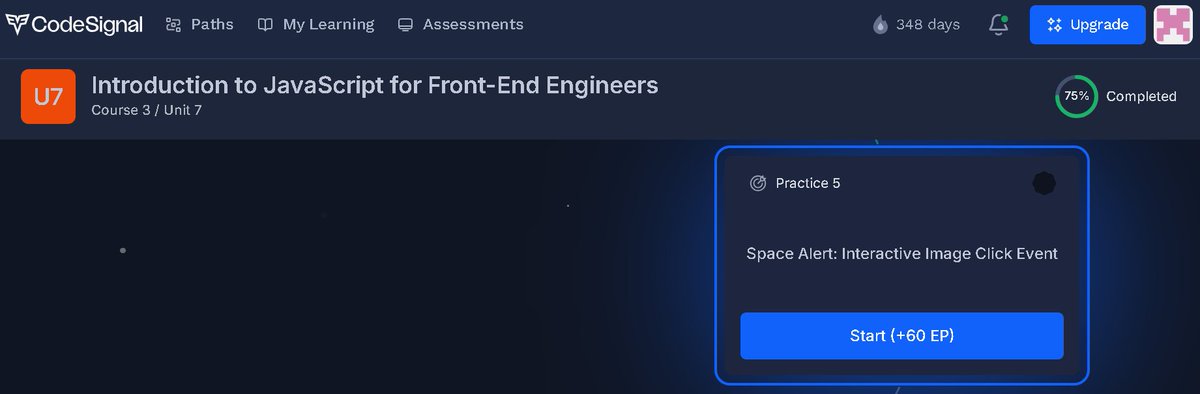 arai_kenichiro's tweet image. #CodeSignal
「Comprehensive Introduction to Front-End Engineering」
codesignal.com/learn/paths/co…
348 days
Course 3 - 75%
Introduction to JavaScript for Front-End Engineers
Unit 6
5/5