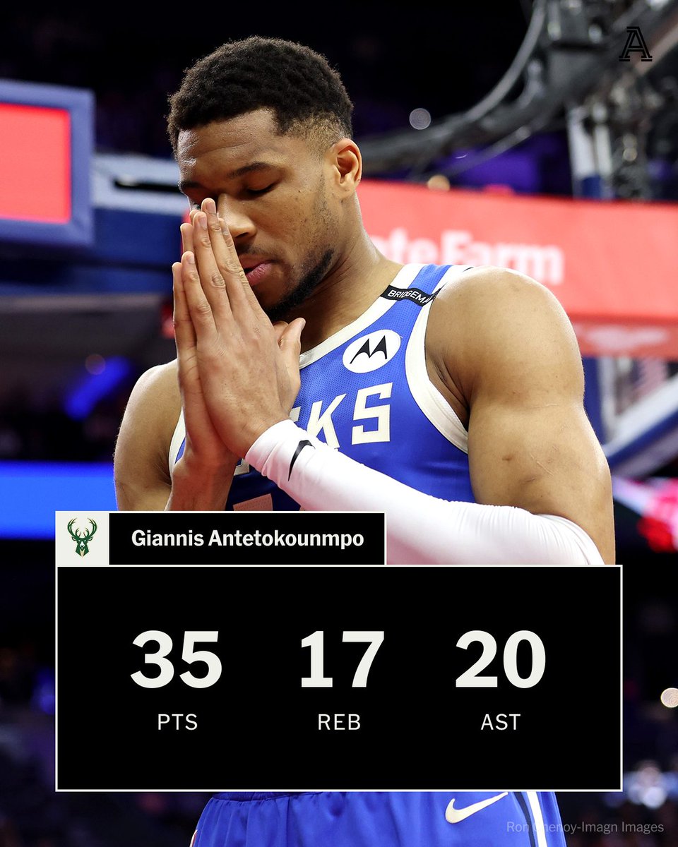 The Athletic (@theathletic) on Twitter photo Giannis Antetokounmpo is the first player in NBA history to put up a 35-15-20 statline in a single game.
H/T <a href="/StatsWilliams/">Matt Williams</a> Giannis Antetokounmpo is the first player in NBA history to put up a 35-15-20 statline in a single game.
H/T <a href="/StatsWilliams/">Matt Williams</a>