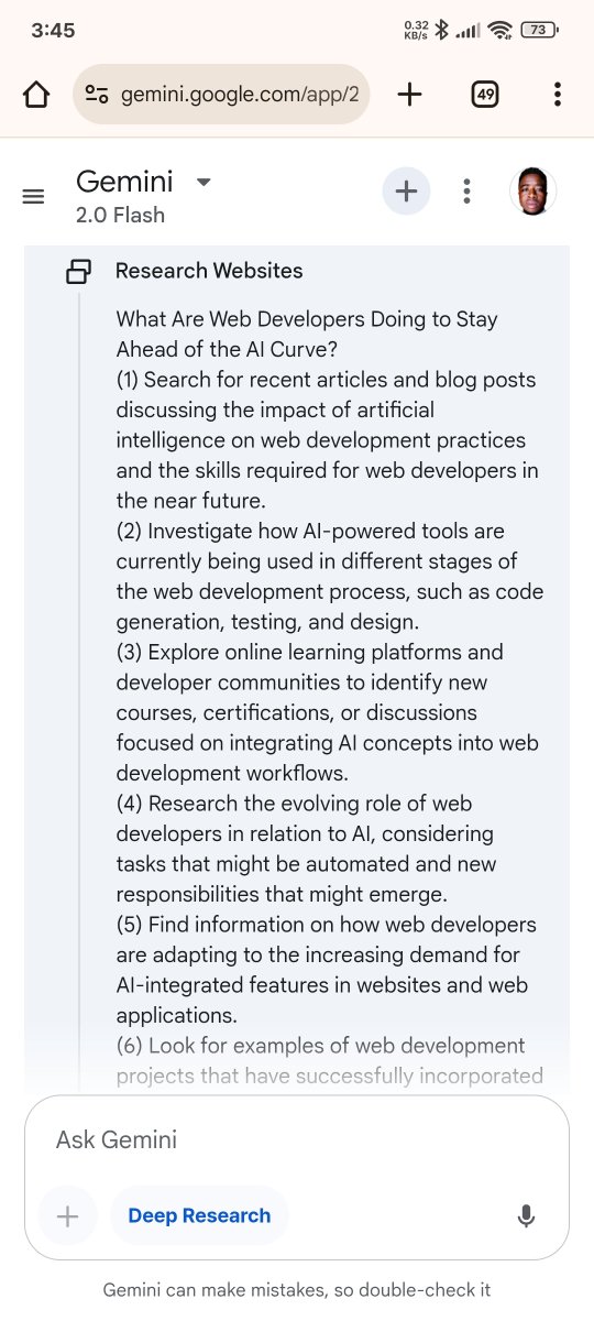Day 15,  Week 3 of the ALX AI Starter Kit! Exploring the world of AI with an interesting deep research tool.  

deep research 💡 Thank you Gemini 2.0Flash🚀

#ALX_AiSK #ALX_AI #alx <a href="/alx_africa/">ALX Africa</a>