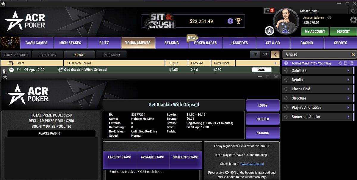 Gripsed's tweet photo. To Compete in the Friday Night Fights
Go to the Tournament > Private Tab > Type in the name of the streamer's game you want to play
Mine is a $250 Guaranteed PKO with $1.65 Buyin & 1 hour of late registration starting at 5:20pm ET
password is 'quietpro'
#LetsGetStackin https://t.co/nzkkMIWVLw