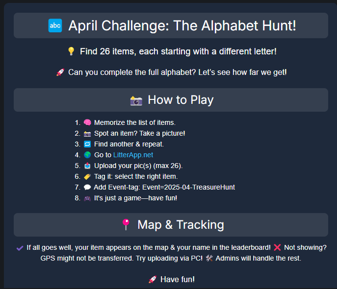Tonight we have been working on our new 'Event-page': litterapp.net/events
It contains a lot of events that we are facilitating and also our #TreasureHunt-dashboard.
So if you are playing the Hunt, go check out the new dashboard!
(Hint: <a href="/Lekjutter/">Lekjutters Vijfheerenlanden Lekjutter.bsky.social</a> is in the lead!)