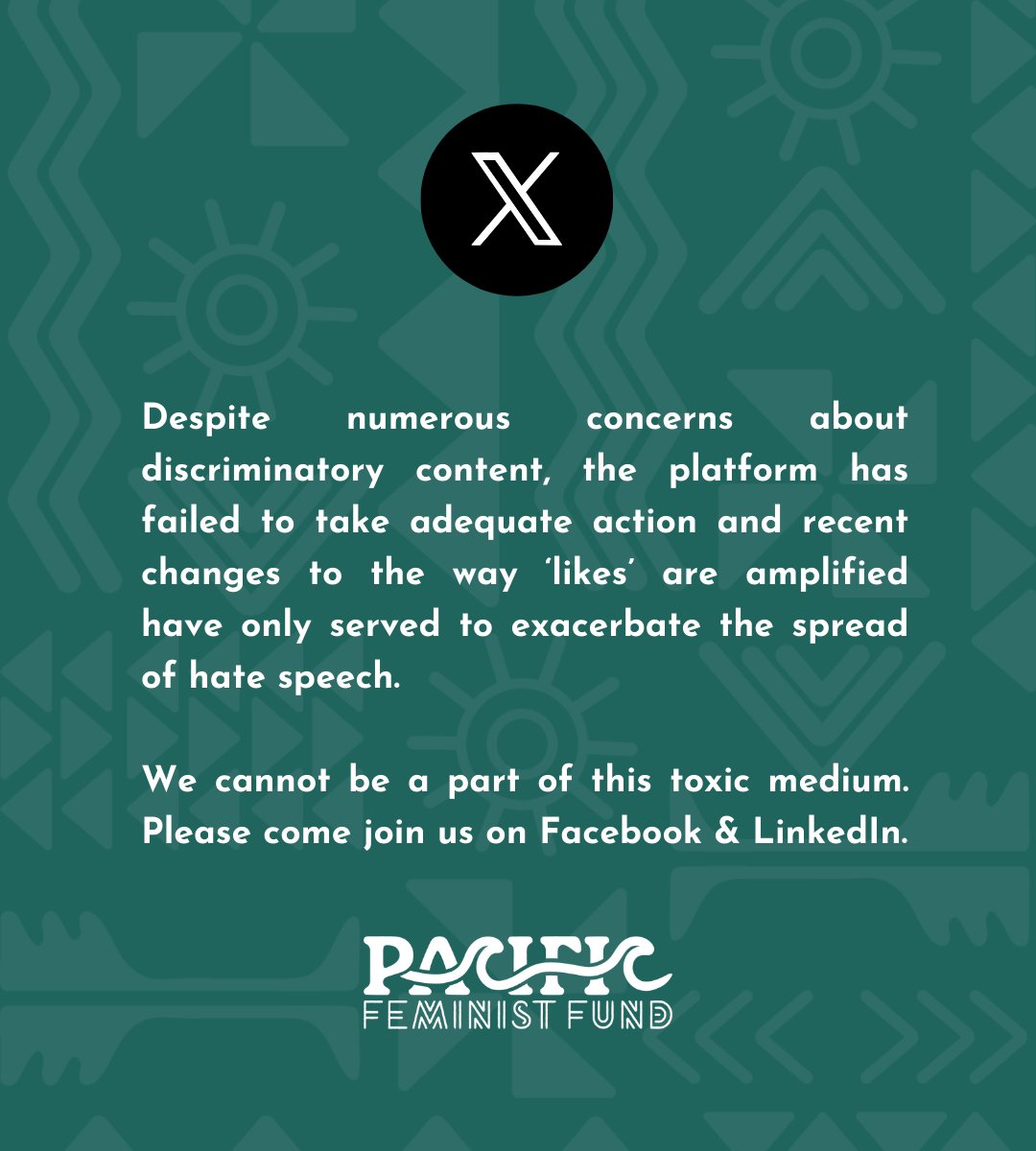 Recent changes &amp; activities on X indicate that it’s no longer aligned with our values of inclusivity &amp; accountability. With the spread of misinformation worldwide, we wish to discontinue using X, deactivating this acc in 7 days. Our work continues. Pls follow us on LinkedIn &amp; FB