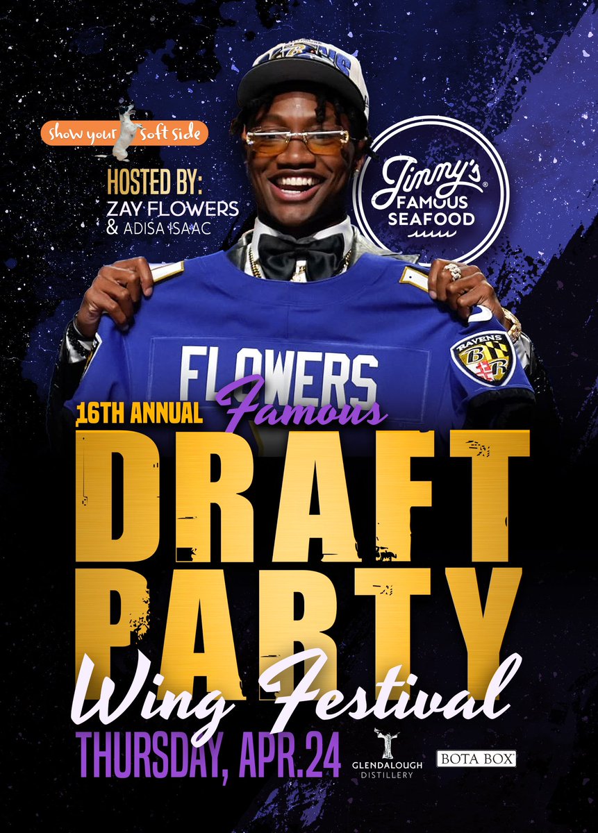 🏈  3 weeks away from The 16th Annual #NFLDraft Party &amp; Wing Festival - hosted by Zay Flowers &amp; Adisa Isaac!

🍗 Hang with your favorite young Ravens while enjoying a 3-hour long feast!

🐶 Proceeds benefit <a href="/SoftSide1/">Soft Side</a>!
