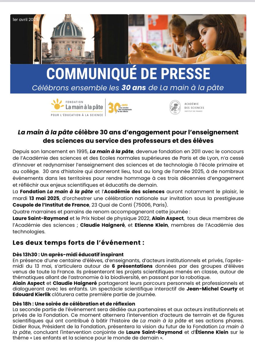 Le 13 mai 2025, la Main à la pâte célébrera ses trente ans.