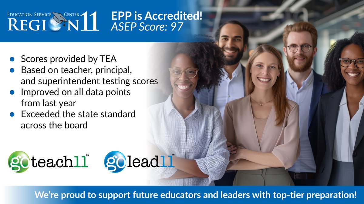 Our <a href="/GoTeach11/">GoTeach11</a> &amp; <a href="/GoLead11/">GoLead11</a> have earned TEA’s highest accreditation rating—with an ADSP score of 97!

Ready to take your career to the next level? Explore our certification programs and see how you can embark on this transformative journey!

bit.ly/ESC11Certifica…