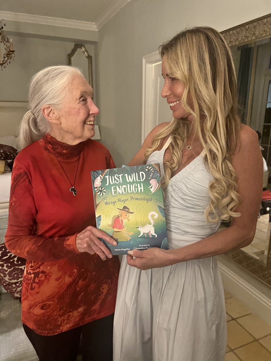 MartaMagellan's tweet photo. Happy 91st birthday to Jane Goodall, whose groundbreaking studies of wild chimpanzees are legendary. What a thrill to have this picture of her holding my book, JUST WILD ENOUGH, MIREYA MAYOR, PRIMATOLOGIST with Mireya Mayor. @mireyamayor #chimpanzees #primatologists https://t.co/s99KveR6aw