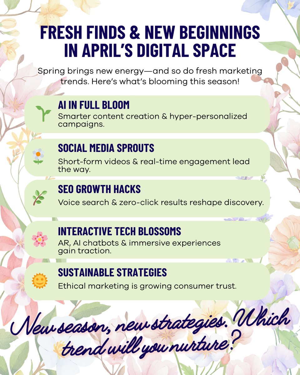 theitcrowdmktng's tweet photo. 🌸 Spring is the perfect time for fresh marketing ideas! 🌱 New trends are taking root in digital spaces, from AI-powered content to immersive experiences. Which one will you grow this season? #CuriosityClicks #SpringMarketing https://t.co/k8YbULp9xQ