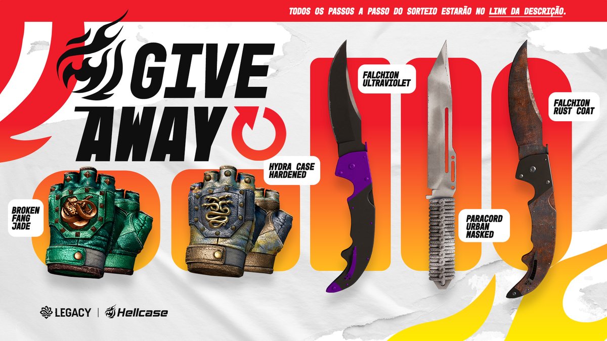 E tem giveaway pra vocês, rapaziada!!!

Vocês podem concorrer a 1000 dólares em itens na <a href="/hellcasecom/">Hellcase🔥</a> 
Nesse primeiro serão 3 facas e 2 luvas 🔥 

Não vão perder essa chance, né?!
Todas as informações no link: hellcase.com/giveaways/user…