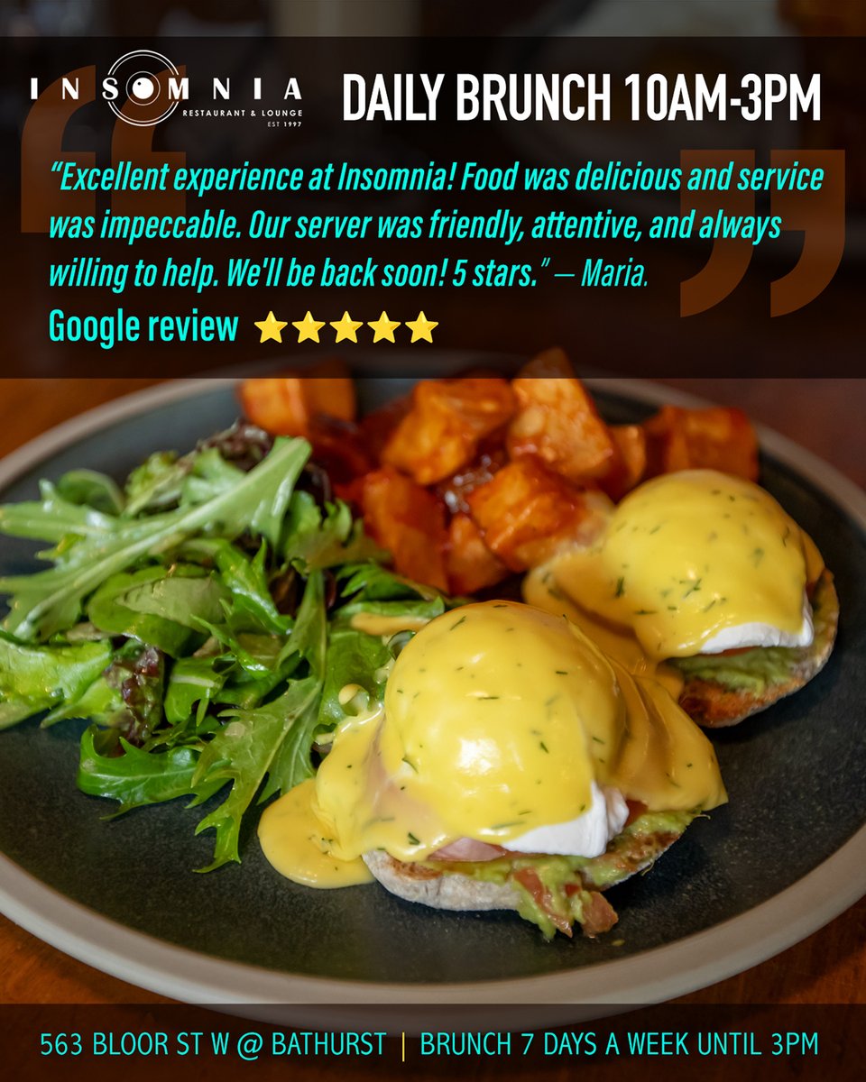 Insomnia Restaurant & Lounge (@insomniatoronto) on Twitter photo "Excellent experience at Insomnia! Food was delicious and service was impeccable. Our server was friendly, attentive, and always willing to help. We'll be back soon!” — Maria.
<a href="/insomniatoronto/">Insomnia Restaurant & Lounge</a> Restaurant & Lounge Google review ⭐️⭐️⭐️⭐️⭐️
Brunch menu: insomniarestaurant.com/brunchlunch-fe… "Excellent experience at Insomnia! Food was delicious and service was impeccable. Our server was friendly, attentive, and always willing to help. We'll be back soon!” — Maria.
<a href="/insomniatoronto/">Insomnia Restaurant & Lounge</a> Restaurant & Lounge Google review ⭐️⭐️⭐️⭐️⭐️
Brunch menu: insomniarestaurant.com/brunchlunch-fe…