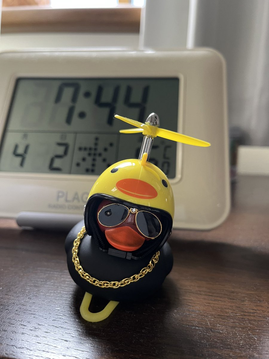 kuchirie's tweet photo. これ何？なんやと思う？テレビ横のMUJIのフレグランスオイルの隣に突然おった。前に茅ヶ崎散歩中に黄色いアヒル落ちとるの見たけど、こいつ黒いし、サングラス🕶️に金ネックレスでガラ悪いし🤭そもそも何するやつやろ？誰か教えて！ https://t.co/GYVS8fAVqM