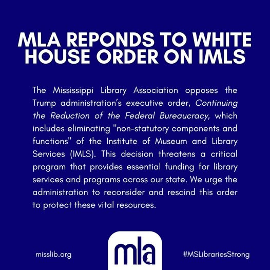Support the continued existence of Institute of Museum and Library Services (IMLS).​
Contact your representative: tinyurl.com/Show-Up-For-IM…
#MSLibrariesStrong #ForOurLibraries #SaveIMLS