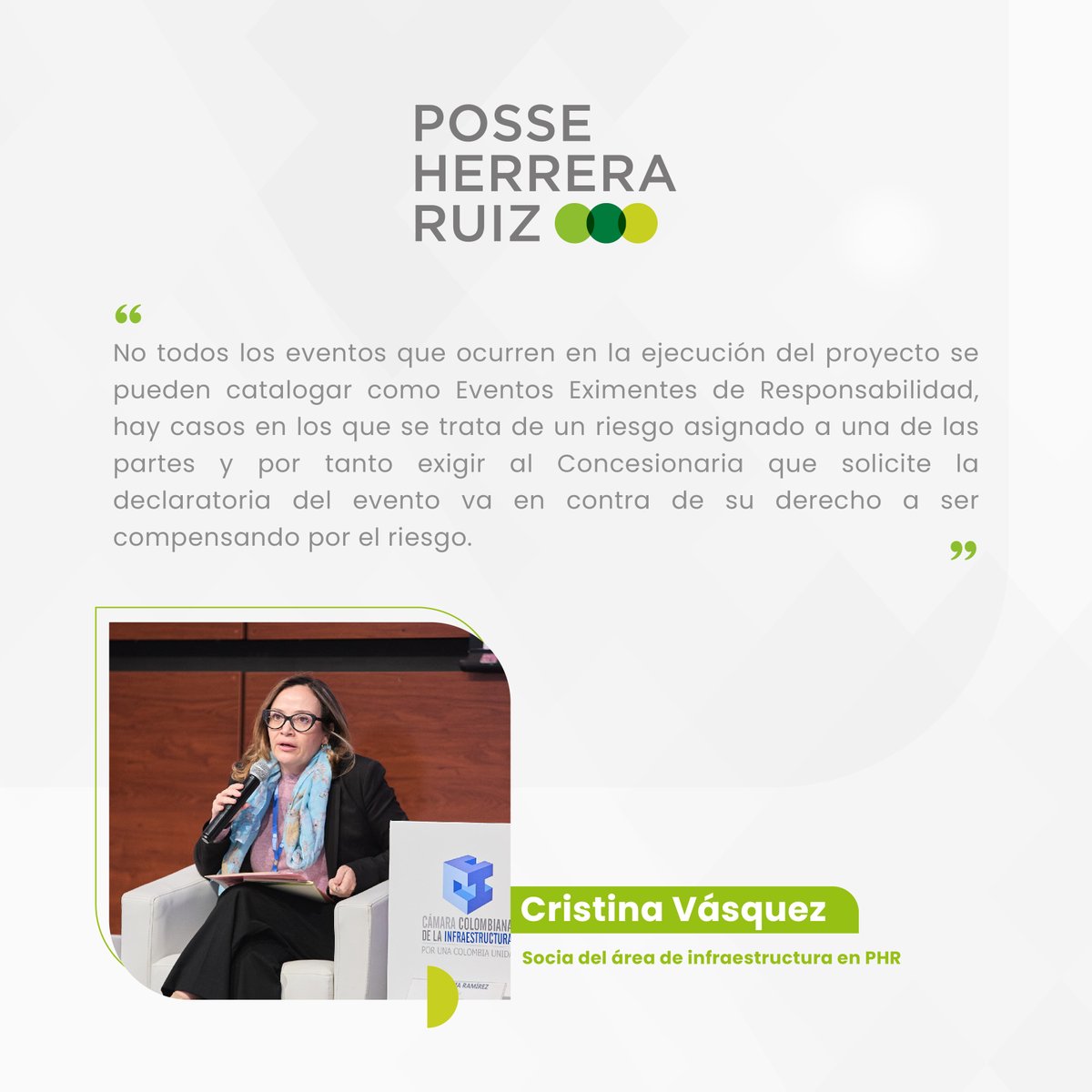 Durante la IX Jornada de Infraestructura y Derecho, Isabel Cristina, socia del área de infraestructura, participó en el panel “Infraestructura aeroportuaria, portuaria y carretera: un equilibrio desde la visión jurídica”, organizado por la Cámara Colombiana de Infraestructura.
