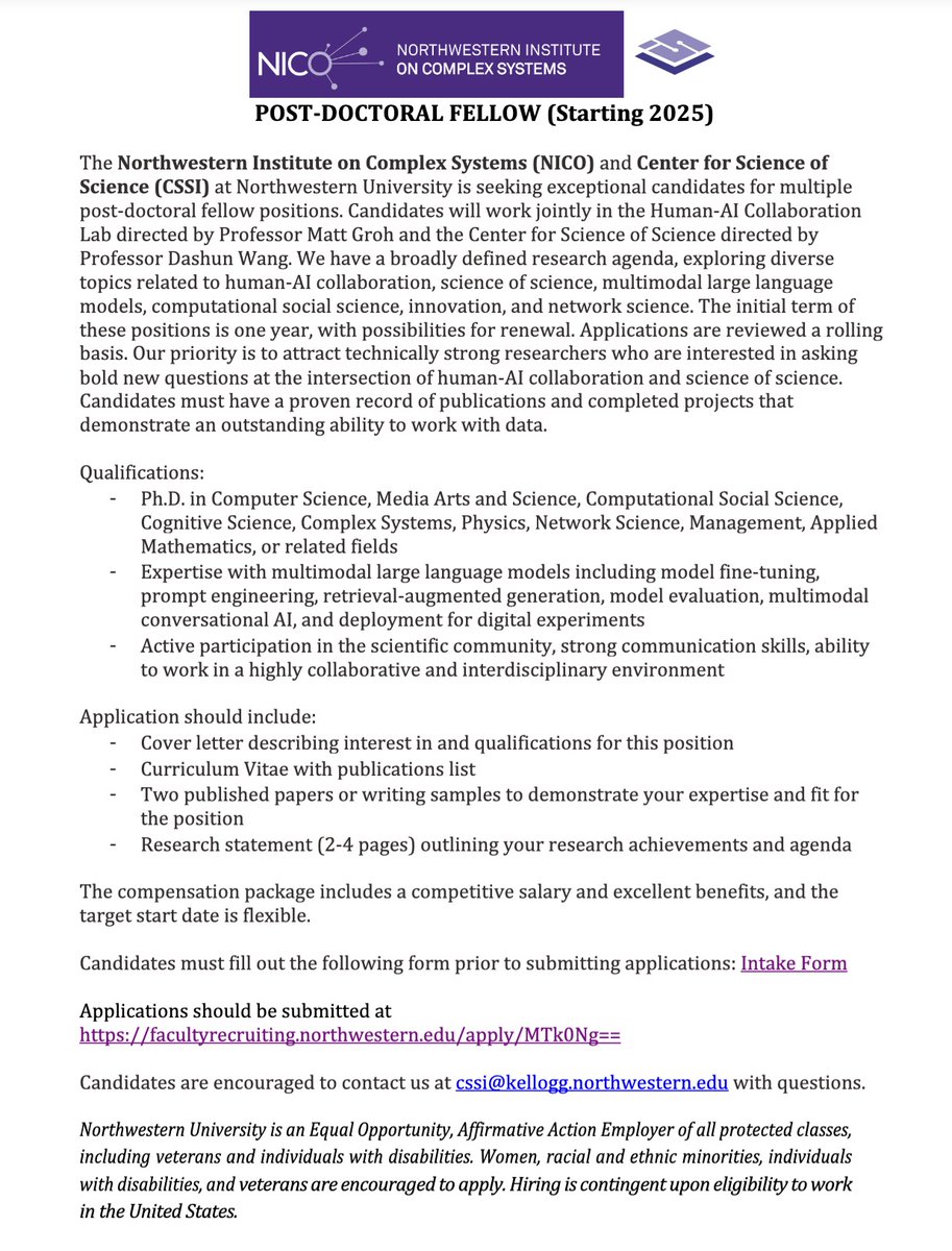 MartaA72916015's tweet photo. 📢📢 Postdoc Opportunity at @NorthwesternU  

@dashunwang and I are seeking a creative, interdisciplinary researcher for a joint postdoc fellowship between our labs. 

If you're passionate about Human-AI Collaboration and Science of Science, this may be for you!

Please share! https://t.co/VH8IydaI7X