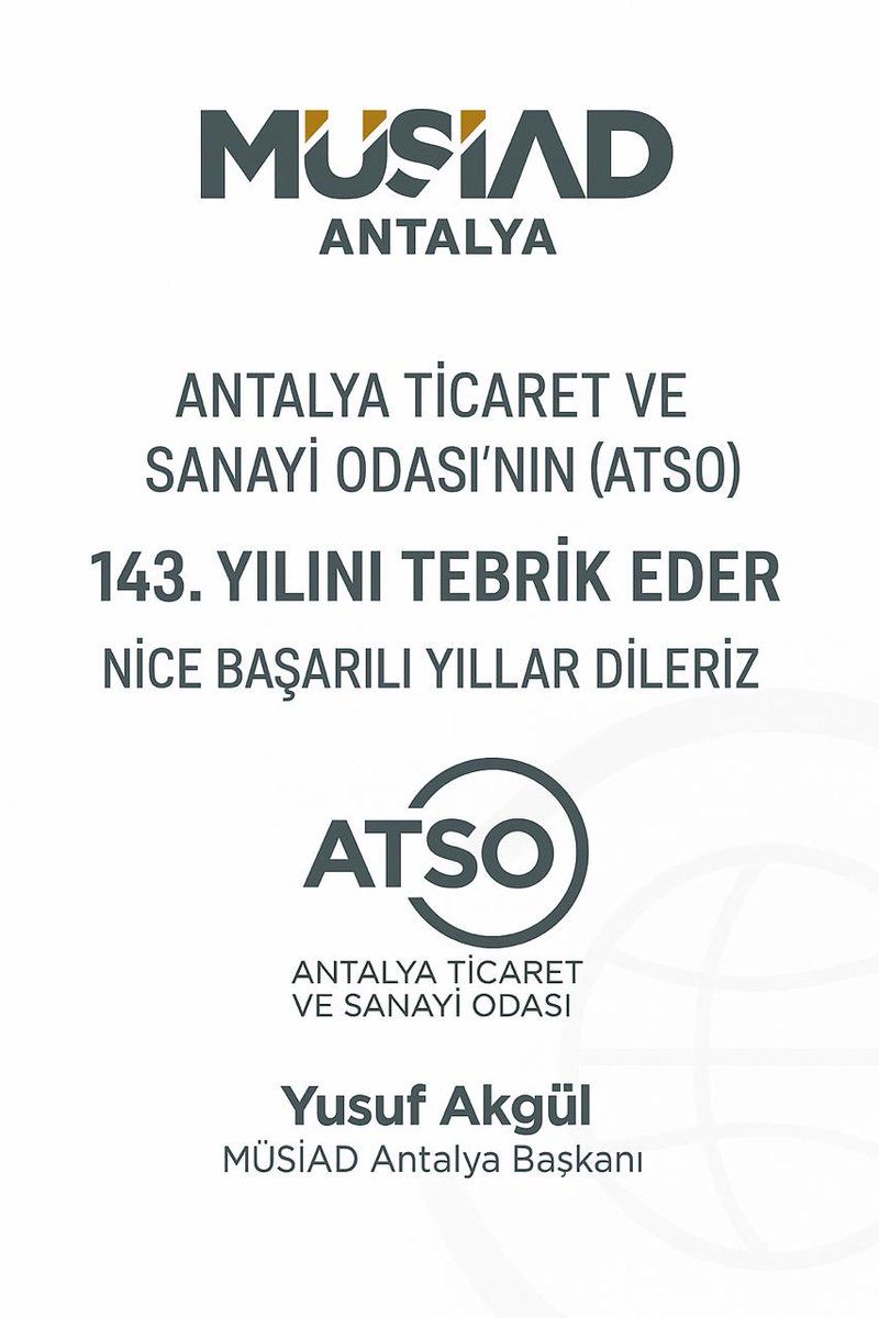 Antalya Ticaret ve Sanayi Odası’nın 143. kuruluş yıl dönümünü kutlar, şehrimizin ekonomik kalkınmasına sağladığı değerli katkılar için teşekkür ederiz. Nice başarılı yıllar dileriz.