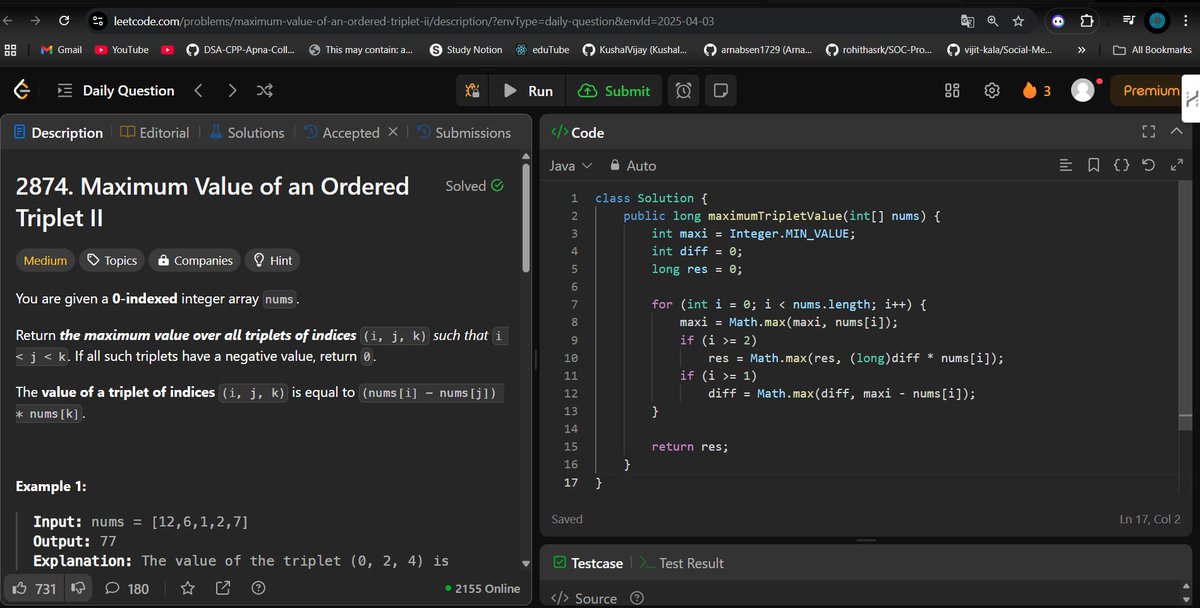 ADITYASINH20105's tweet photo. 🚀 Day 95 | LeetCode POTD #100DaysOfCode
✅ Solved: Maximum Value of an Ordered Triplet II
🔹 Approach: Iterative Greedy (O(N))
🔹 Key Idea: Track maxi and diff to compute optimal triplet dynamically

🔥 Optimized &amp; Concise Solution!
#letsconnect https://t.co/xFtILp4U8C