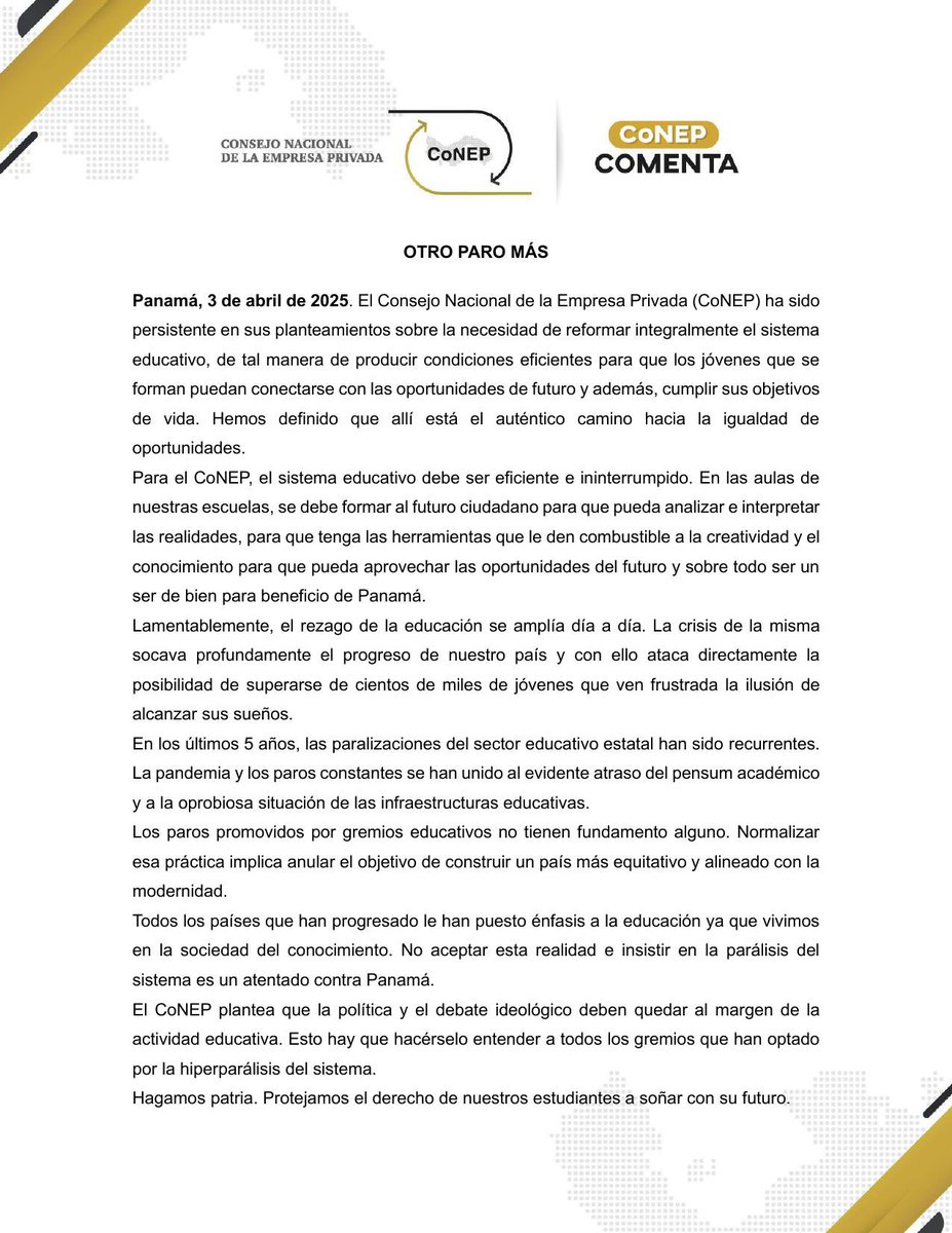CONEPPanama's tweet image. 📢Te invitamos a conocer a detalle el CoNEP comenta.
El Consejo Nacional de la Empresa Privada alerta sobre la urgencia de reformar la educación para un sistema eficiente y sin interrupciones. ¡Protejamos el futuro de nuestros jóvenes! 🎓
#EducaciónPanamá #CoNEP #Futuro