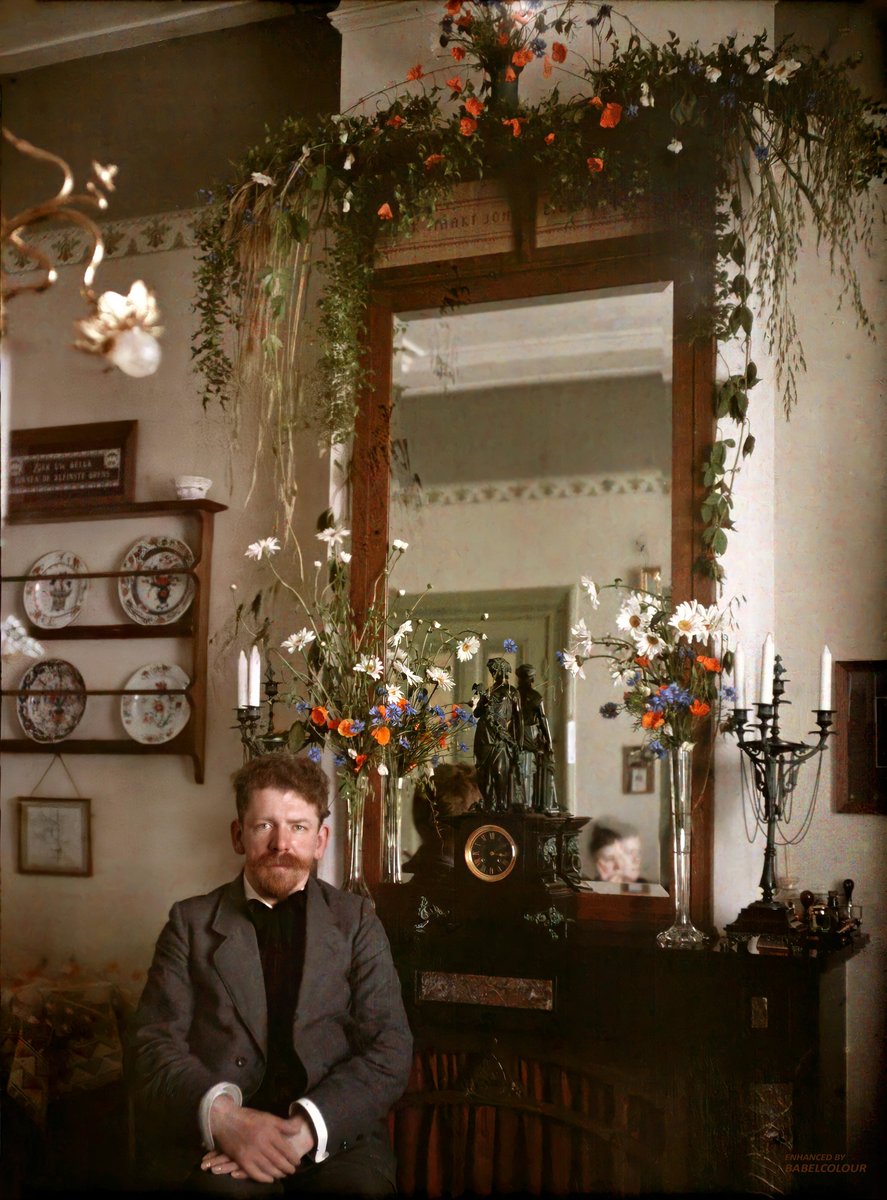 Point your time machines for Amsterdam 112 years ago: I have cleaned and enhanced for you this self-portrait autochrome by Dutch photographer Jacob Olie junior. Particularly interesting is that his wife Tine can be glimpsed in mirror, moving to repace the lens cap on his camera.