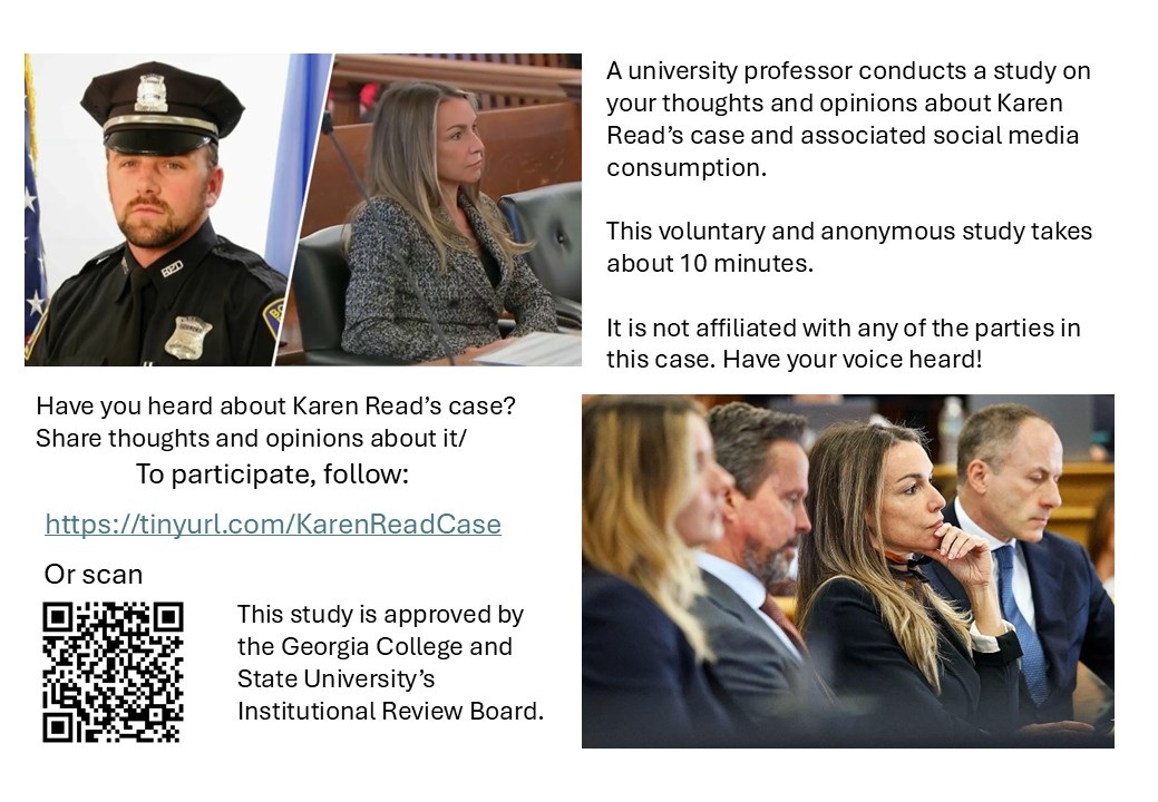 Are you following the Karen Read case/trial? As you wait for jury selection, please participate in an academic study to help us understand your attitudes and opinions about the case &amp; your social media use. I am a university professor, not affiliated with any party. Share, please