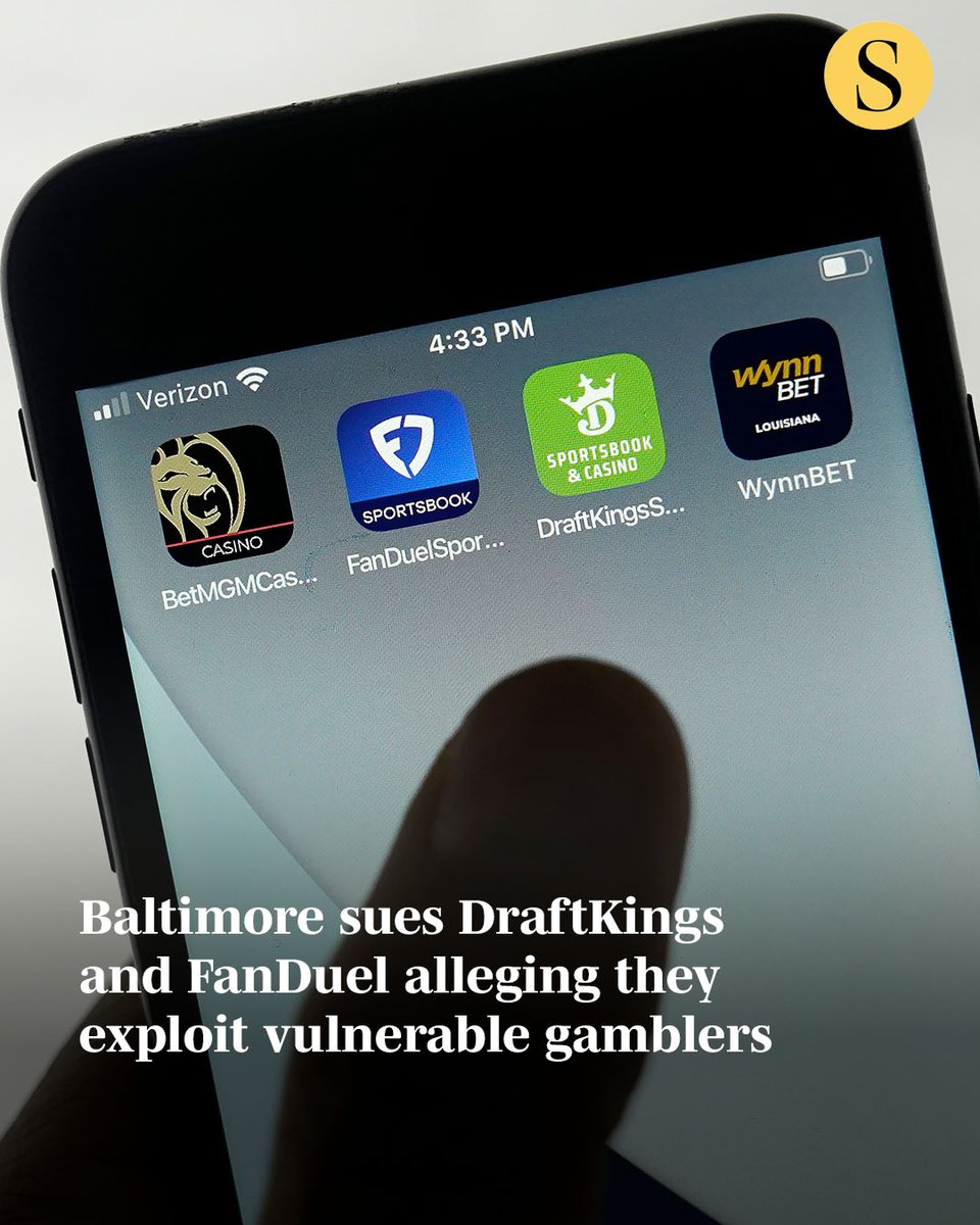 baltimoresun's tweet image. Baltimore filed suit Thursday against DraftKings and FanDuel, accusing the leading sports betting sites of exploiting the vulnerabilities of people likely to have gambling disorders through the lure of lucrative bonuses and other means. Bettors wagered $278.5 million on FanDuel…