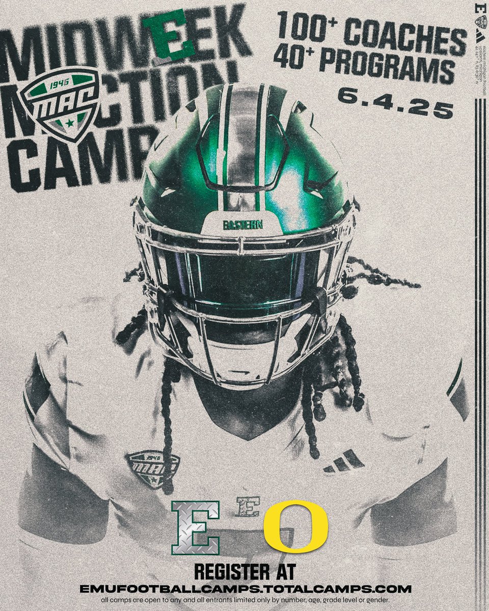 Eastern Michigan Football (@emufb) on Twitter photo Our June 4th MACtion Camp keeps growing! Excited to welcome <a href="/oregonfootball/">Oregon Football</a> to the Factory this summer.
Come Out, Show Out, and Be Seen!
Register below ⬇️
emufootballcamps.totalcamps.com
#ETOUGH ⛓️ Our June 4th MACtion Camp keeps growing! Excited to welcome <a href="/oregonfootball/">Oregon Football</a> to the Factory this summer.
Come Out, Show Out, and Be Seen!
Register below ⬇️
emufootballcamps.totalcamps.com
#ETOUGH ⛓️