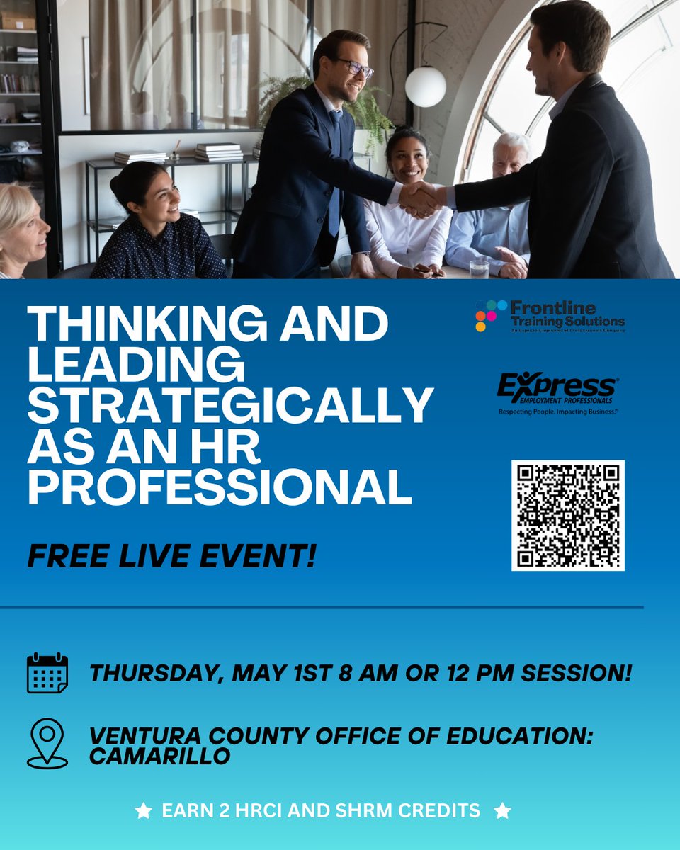 Join @expressventuracounty on May 1st at @venturacoe at 8:00 AM or 12:00 PM. Enhance your leadership mindset, shift to strategic HR, and tackle common HR challenges. Earn 2 HRCI &amp; SHRM credits. Free event with breakfast or lunch. RSVP here today: eventbrite.com/e/thinking-lea…