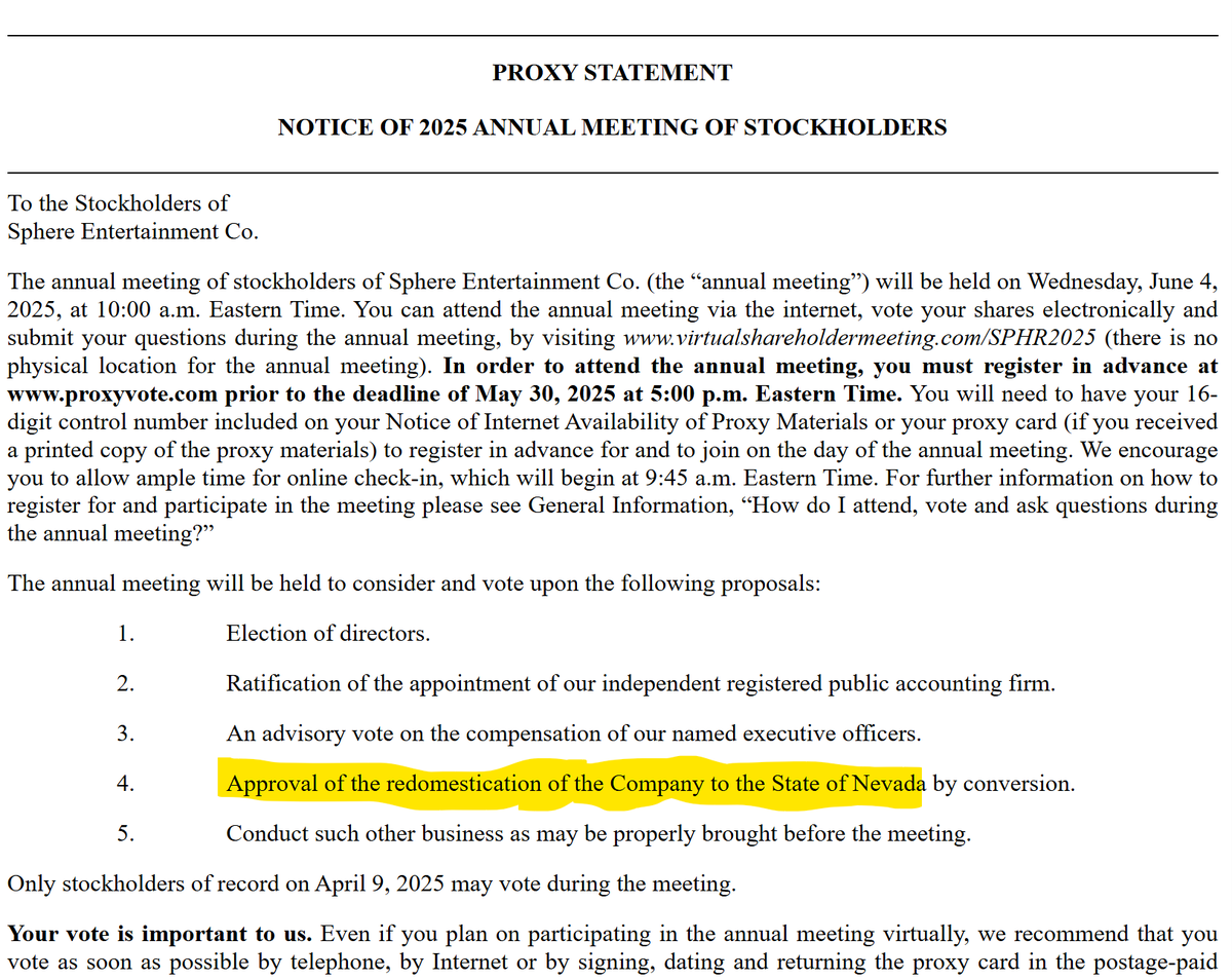 ProfRobAnderson's tweet photo. Sphere Entertainment (SPHR) has filed to reincorporate out of Delaware and into Nevada. https://t.co/fVZRlqw8PV