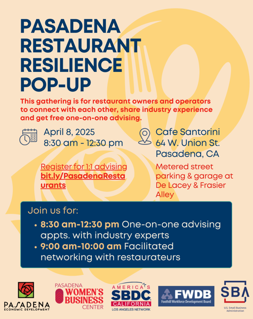 The <a href="/cityofpasadena/">cityofpasadena</a> is excited to invite Pasadena Restaurants to the Pasadena Restaurant Resilience Pop-Up, a special gathering designed to support restaurant owners and operators.

📅 Date: April 8, 2025
⏰ Time: 8:30 AM - 12:30 PM
🙂 Details: bit.ly/PasadenaRestau…