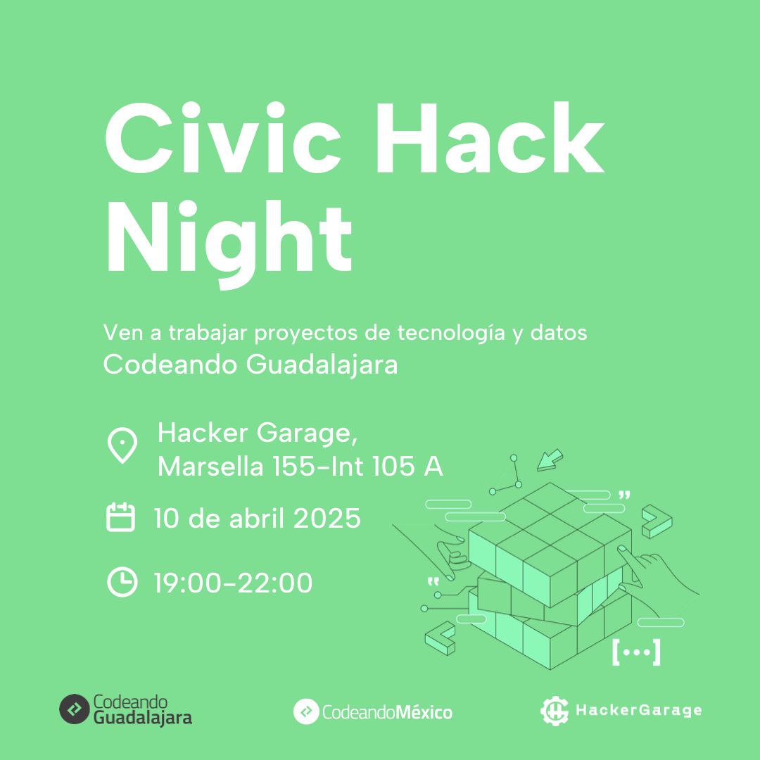 CodeandoMexico's tweet image. ¡La comunidad de @CodeandoGDL se está reactivando 🔥! 

¿Quieres colaborar en proyectos de datos y tecnología para el bien común? Nos vemos el próximo 10 de abril en @HackerGarage 🍕🍻