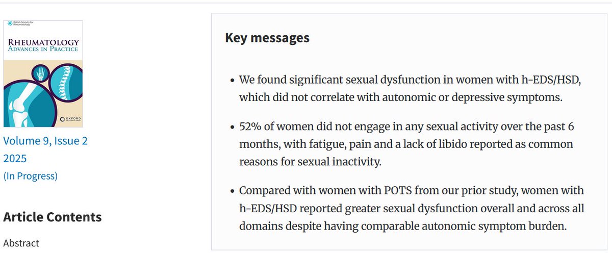 S Blitshteyn MD, FAAN, FANA, Dysautonomia Clinic (@dysclinic) on Twitter photo 🚨 Happy to share our new study on sexual dysfunction in women with #EDS/#HSD. Thanks to <a href="/TheEDSociety/">The Ehlers-Danlos Society</a> for paying an open-access fee to make our full-length paper accessible and free of charge for everyone to read.
<a href="/ISSWSH/">ISSWSH</a> <a href="/Dysautonomia/">Dysautonomia Intl.</a> #WomensHealth
academic.oup.com/rheumap/articl… 🚨 Happy to share our new study on sexual dysfunction in women with #EDS/#HSD. Thanks to <a href="/TheEDSociety/">The Ehlers-Danlos Society</a> for paying an open-access fee to make our full-length paper accessible and free of charge for everyone to read.
<a href="/ISSWSH/">ISSWSH</a> <a href="/Dysautonomia/">Dysautonomia Intl.</a> #WomensHealth
academic.oup.com/rheumap/articl…