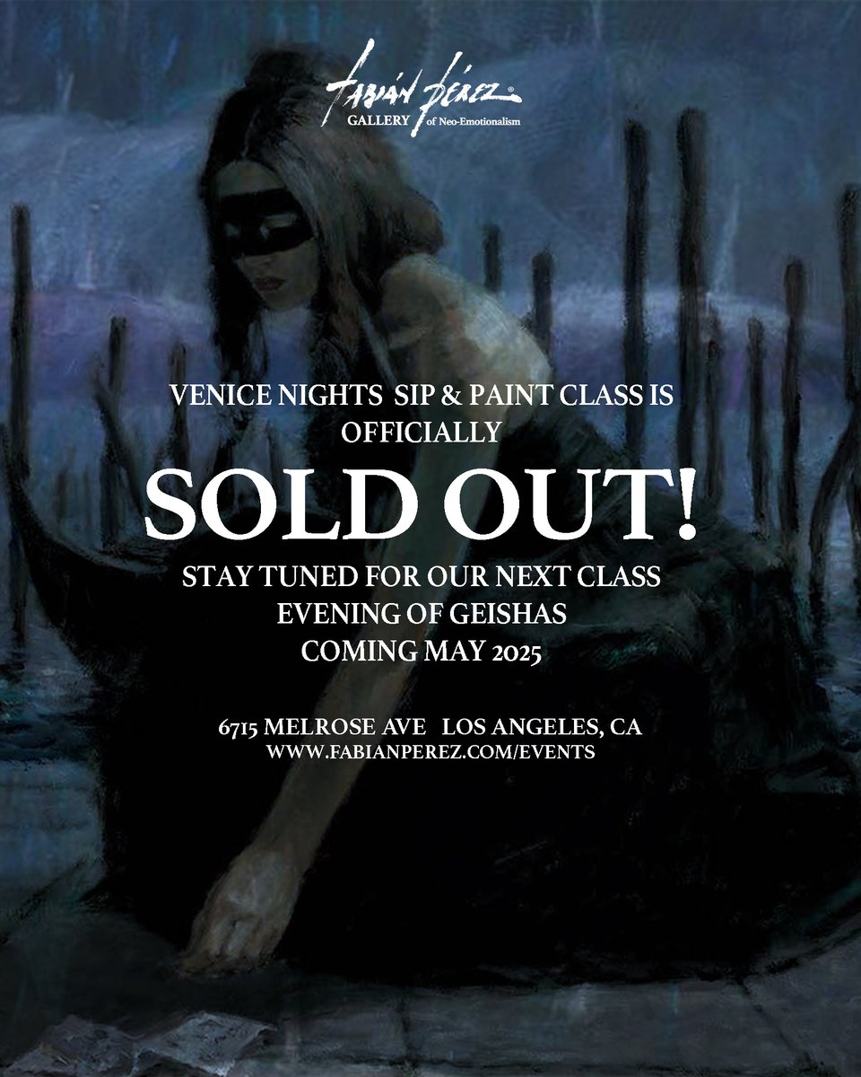 We are officially sold out for our Venice Nights Sip and Paint class at Fabian Perez gallery!

Thank you for your support. Stay tuned for our next class, Evening Of Geishas, inspired by Fabian Perez’s Geisha series happening in May 2025! Follow for more updates.