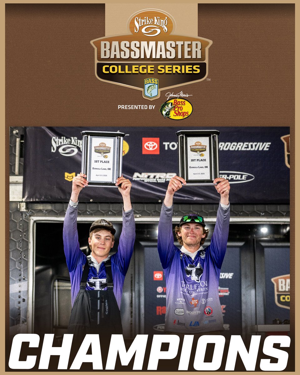 bassmaster's tweet photo. With a 2️⃣ day total of 37 pounds, 2 ounces, the Tarleton State University duo of Tyler Chmelar and Kase Kramer win the @StrikeKingLures Bassmaster College Series at Lake Eufaula presented by @BassProShops!

#bass #bassmaster #collegebass #bassmastercollegeseries #champions #bassfishing