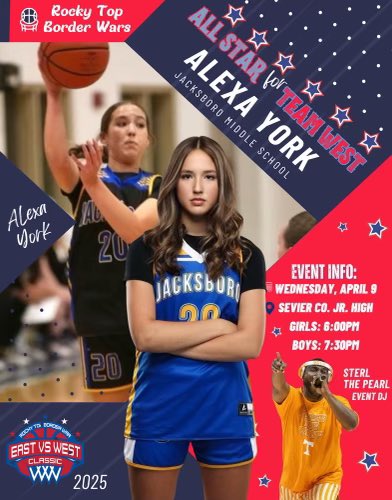 Alexa (@alexayork20) on Twitter photo Excited to be able to play in the East vs. West All Star game! Thank you <a href="/HowieSomp/">ROCKY TOP BORDER WAR</a> for this incredible opportunity! Excited to be able to play in the East vs. West All Star game! Thank you <a href="/HowieSomp/">ROCKY TOP BORDER WAR</a> for this incredible opportunity!