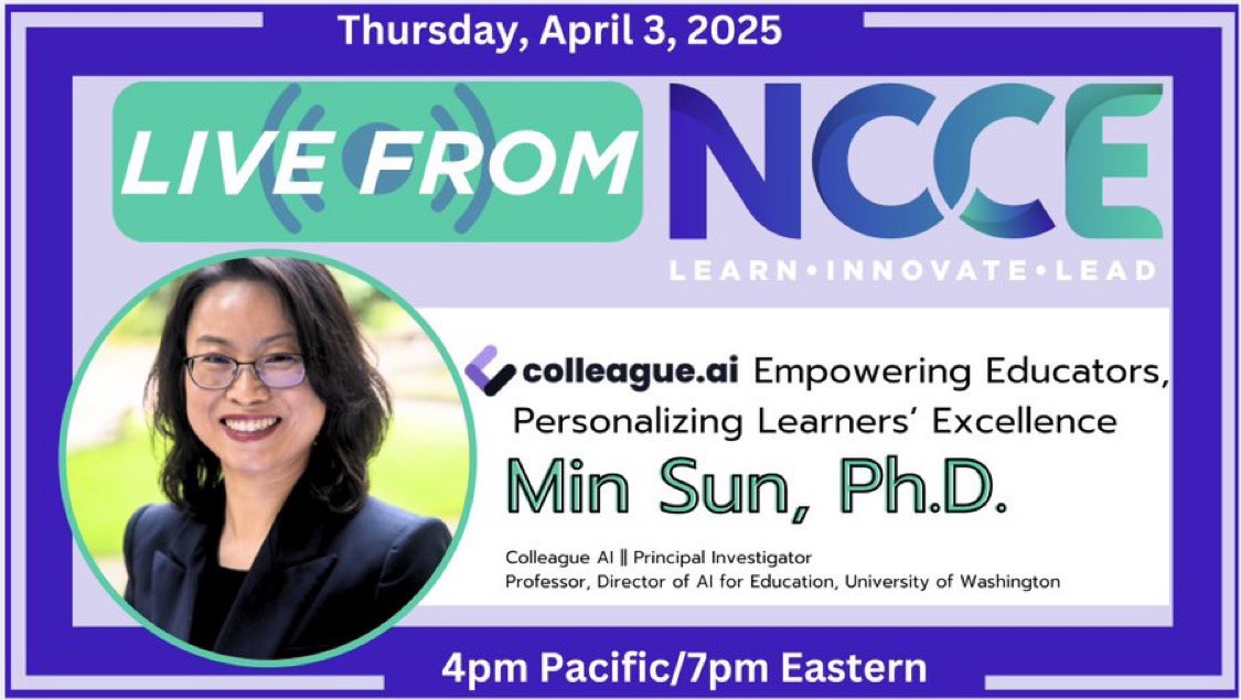 TammyDunbar's tweet image. In just 30 minutes! Join the fascinating Dr. Min Sun of @colleagueai on today’s #LiveFromNCCE (April 3)!! 4pm Pacific/7pm Eastern - For the #BestFreeEdTechPD from @NCCE_EdTech click here to join! NCCE.link/live #IAmNCCE 
@NCCE_EdTech @sdavenport931 @Bobby_NCCE