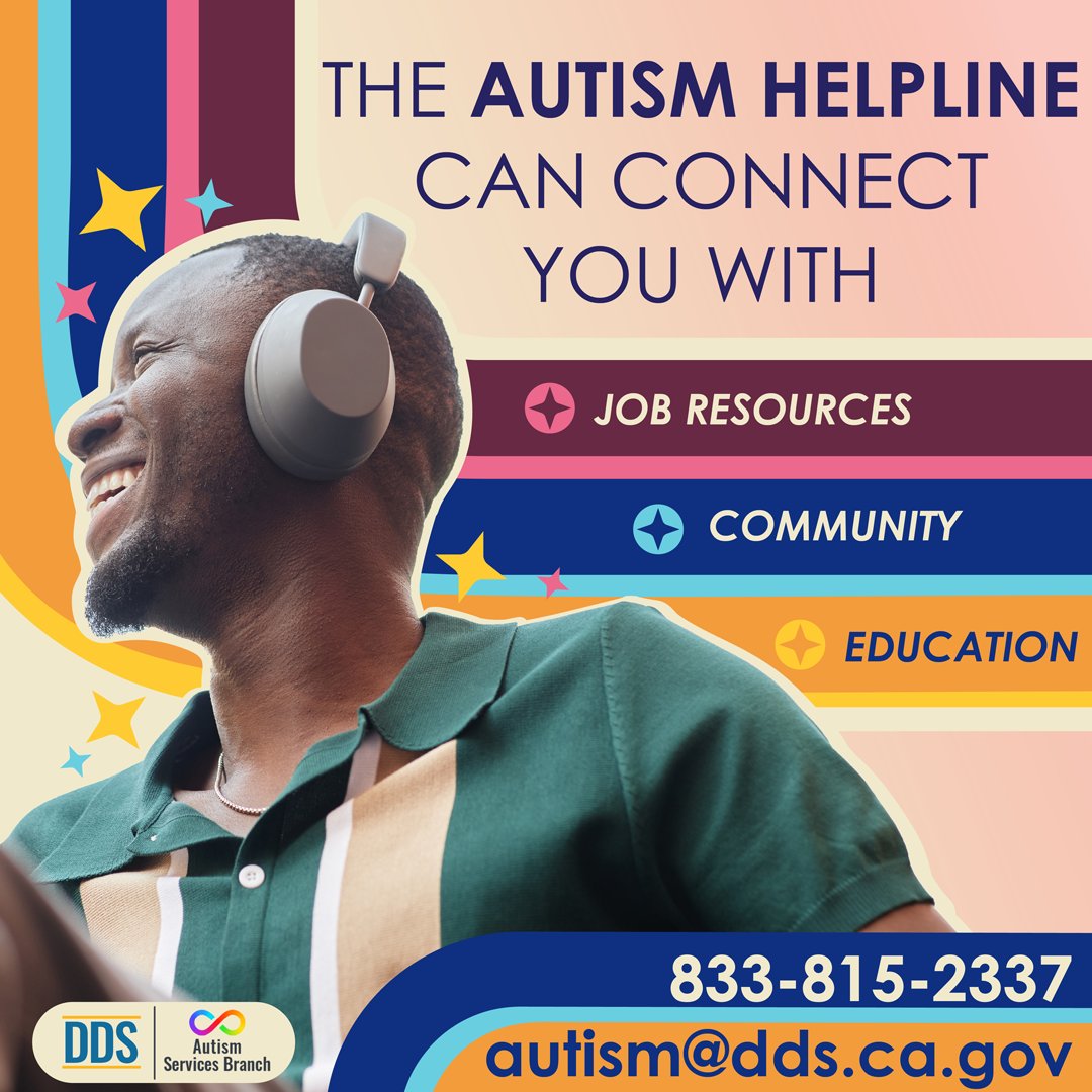 California DDS (@californiadds) on Twitter photo Get connected to job resources, education opportunities, and other community info! Reach out to the #Autism Helpline for guidance on supports and services for #Californians with autism. 833-815-2337 or autism@dds.ca.gov
For more info, visit: dds.ca.gov/initiatives/au… Get connected to job resources, education opportunities, and other community info! Reach out to the #Autism Helpline for guidance on supports and services for #Californians with autism. 833-815-2337 or autism@dds.ca.gov
For more info, visit: dds.ca.gov/initiatives/au…