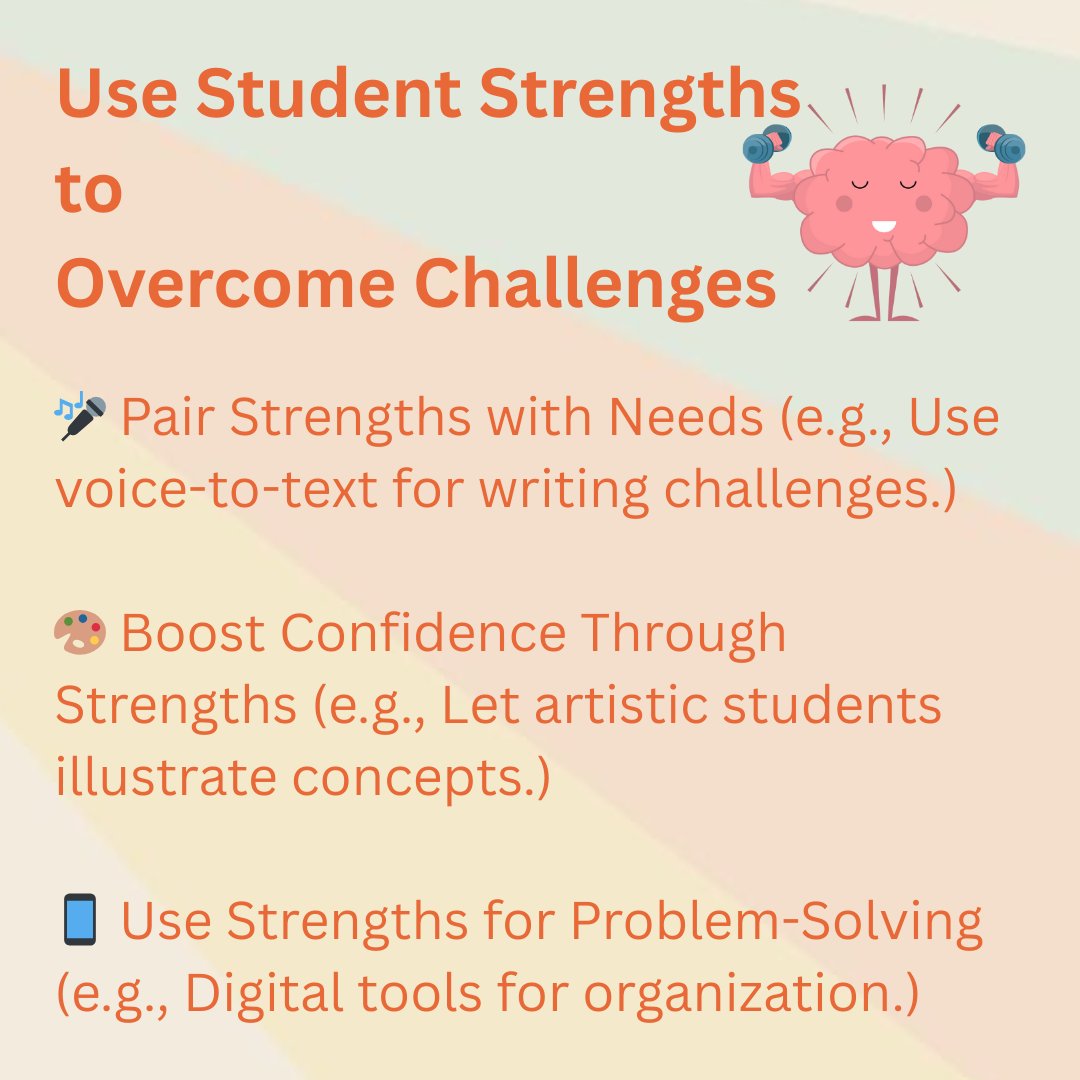 KellerKeel96346's tweet image. Leverage student strengths to tackle challenges! 💡
🎤 Talk it out → Struggle with writing? Use voice-to-text!
🎨 Draw it first → Art can boost comprehension!
📱 Tech to the rescue → Digital tools can support organization!
Strengths unlock success! 🚀 #StrengthBasedLearning