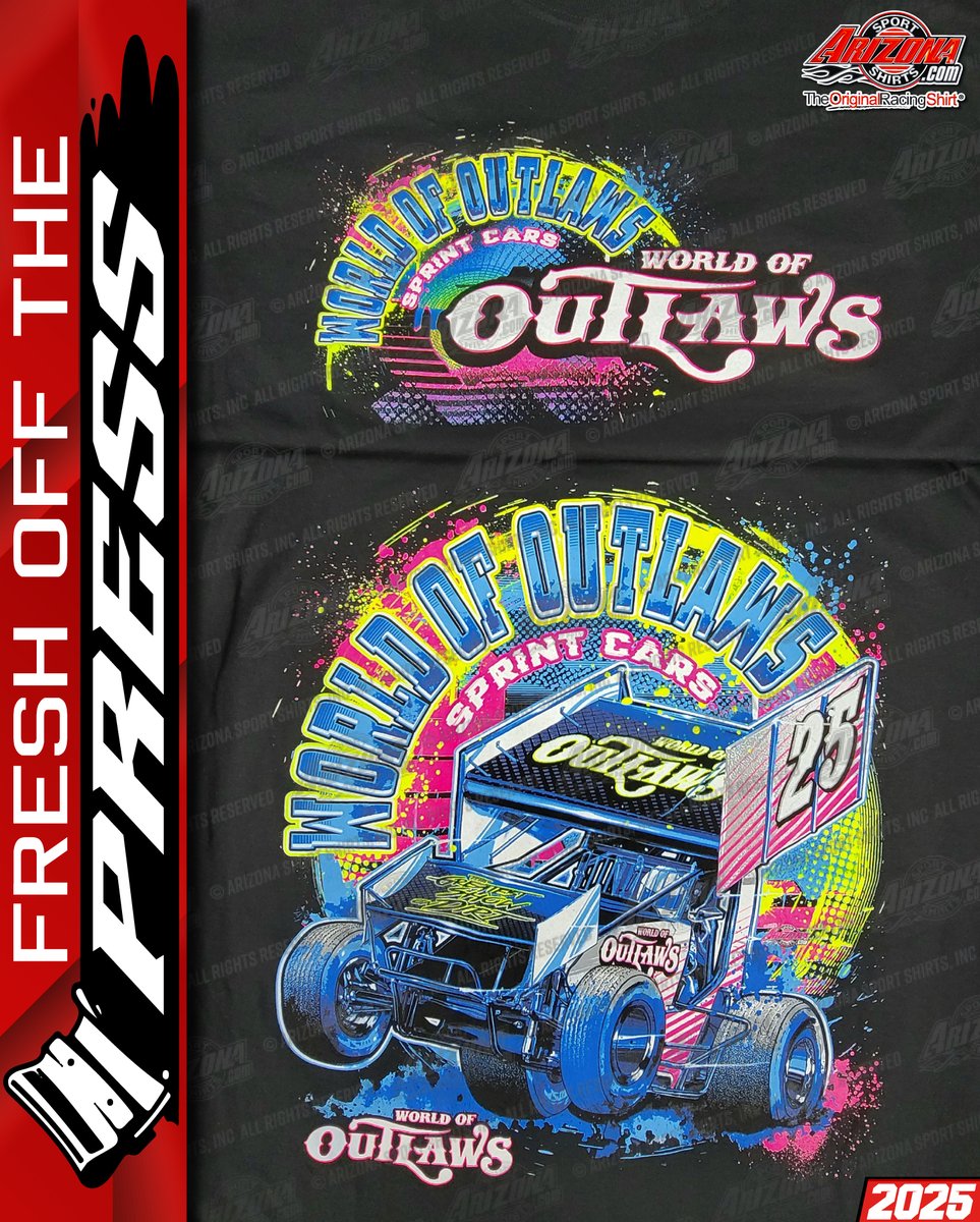 Bright colors and a sprint car poppin' a wheelie. What more could ask for on a <a href="/WorldofOutlaws/">World of Outlaws</a> design?

Pick up a shirt now on their website: store.worldracinggroup.com/collections/sp…

#TheOriginalRacingShirt